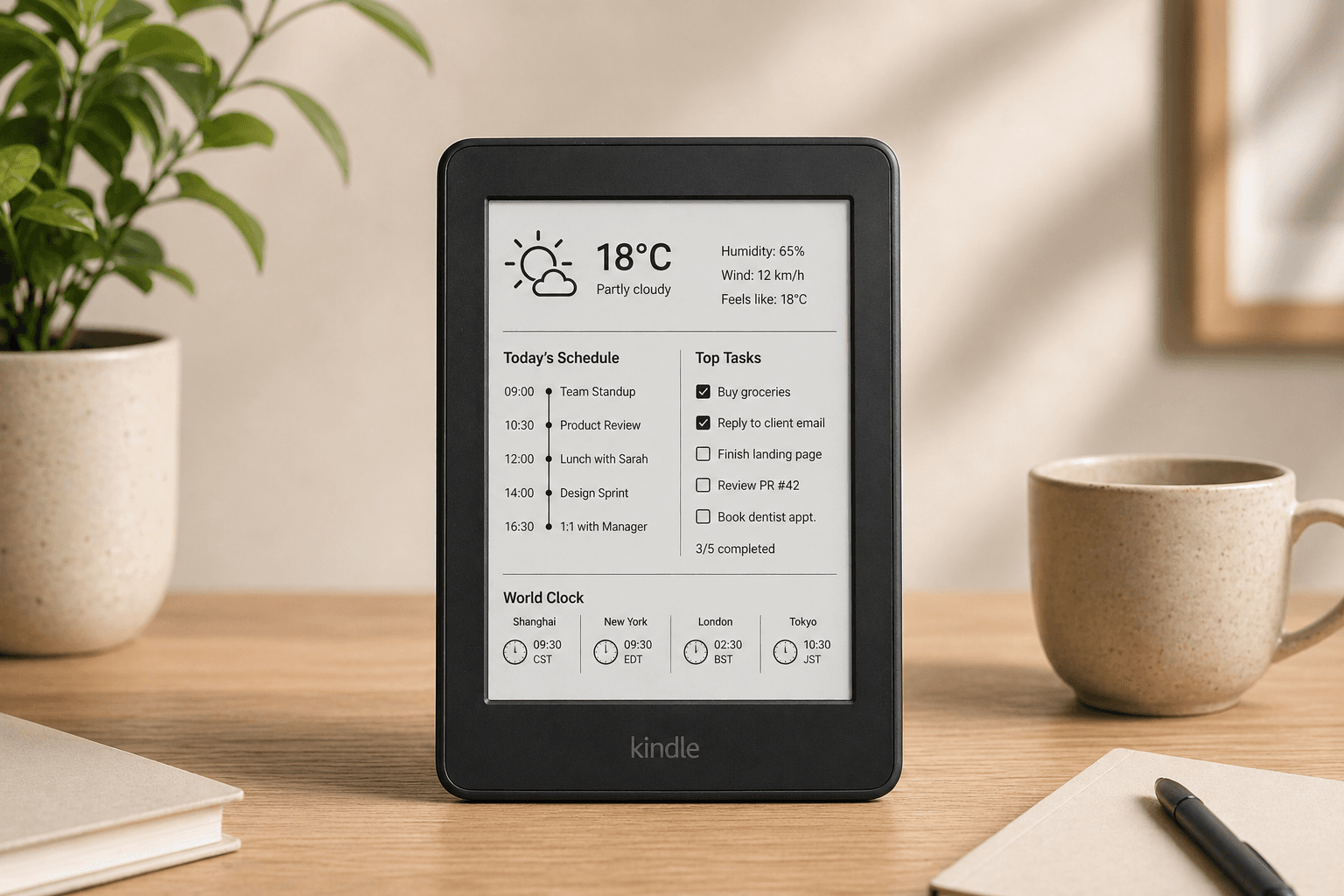 EinkDashboard showing weather, calendar and tasks on a Kindle
